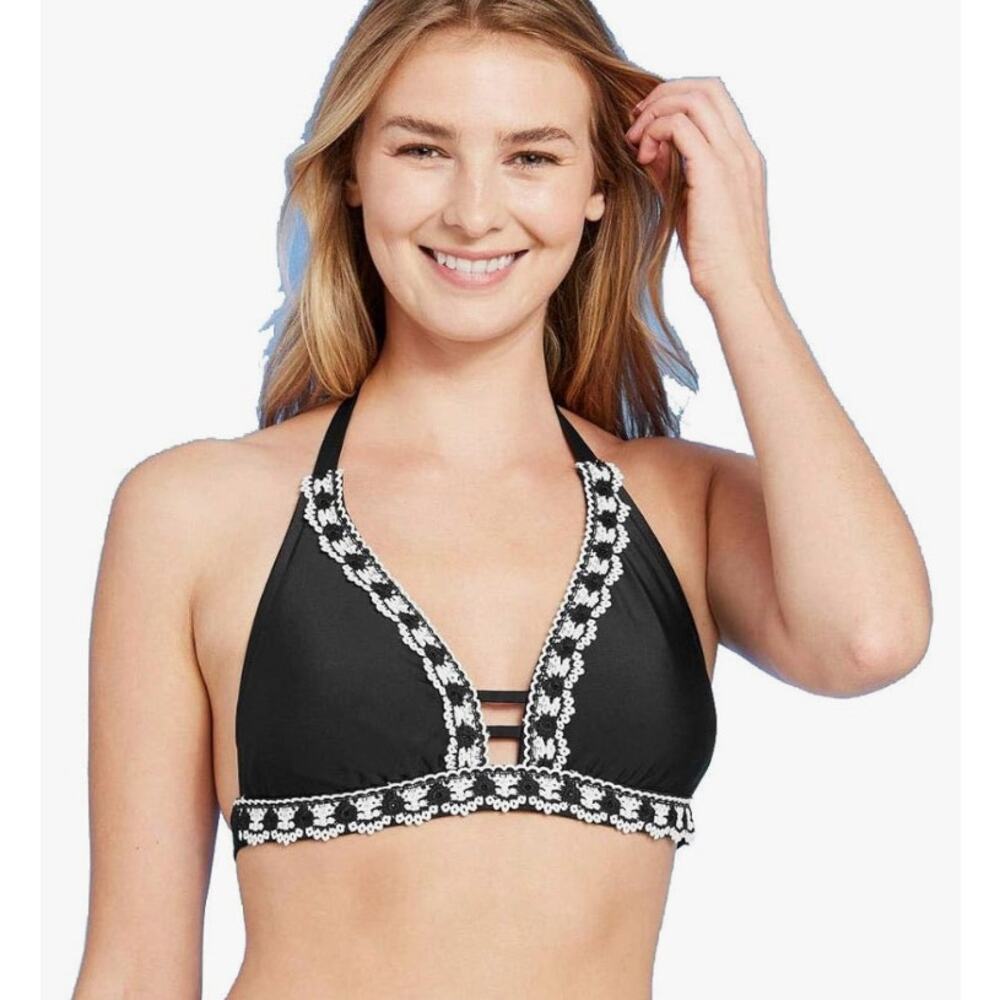 Kona Sol Women's Bikini Top Size S Black White Crochet Trim